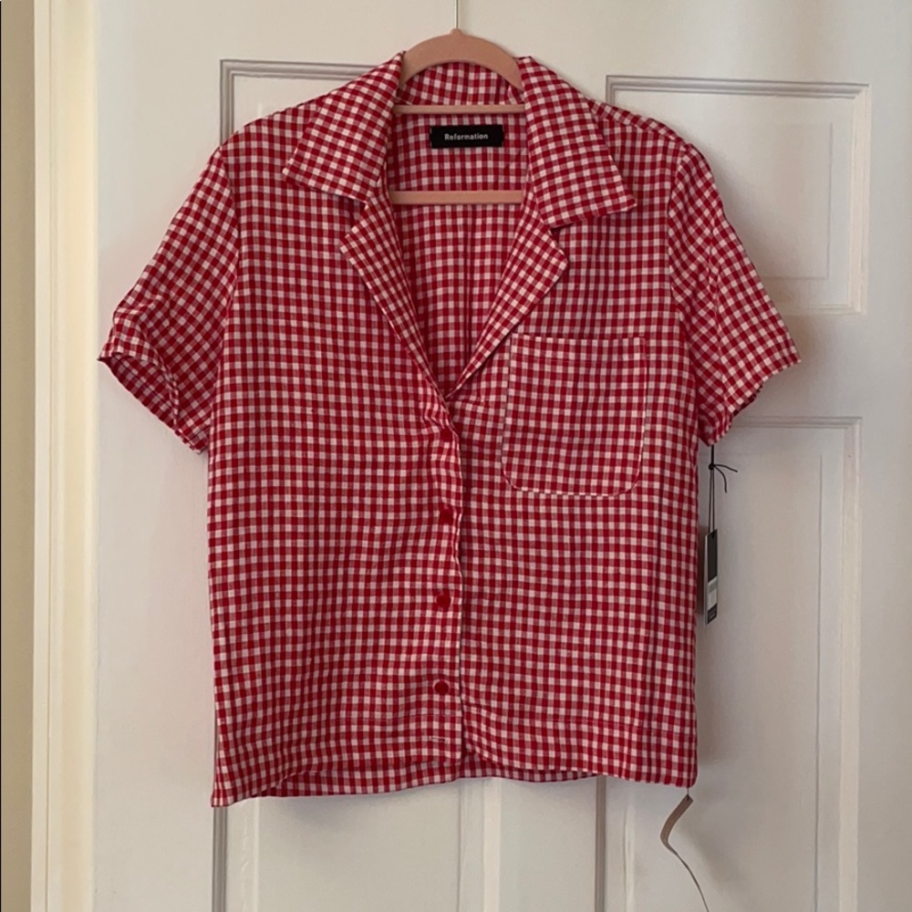 Reformation Red Gingham Button-Up Top